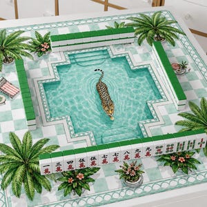 May include: A square mahjong table cover featuring a central swimming pool graphic with a leopard swimming in the water. The border displays green mahjong tiles, palm trees, and a checkered pattern in shades of white and light green.