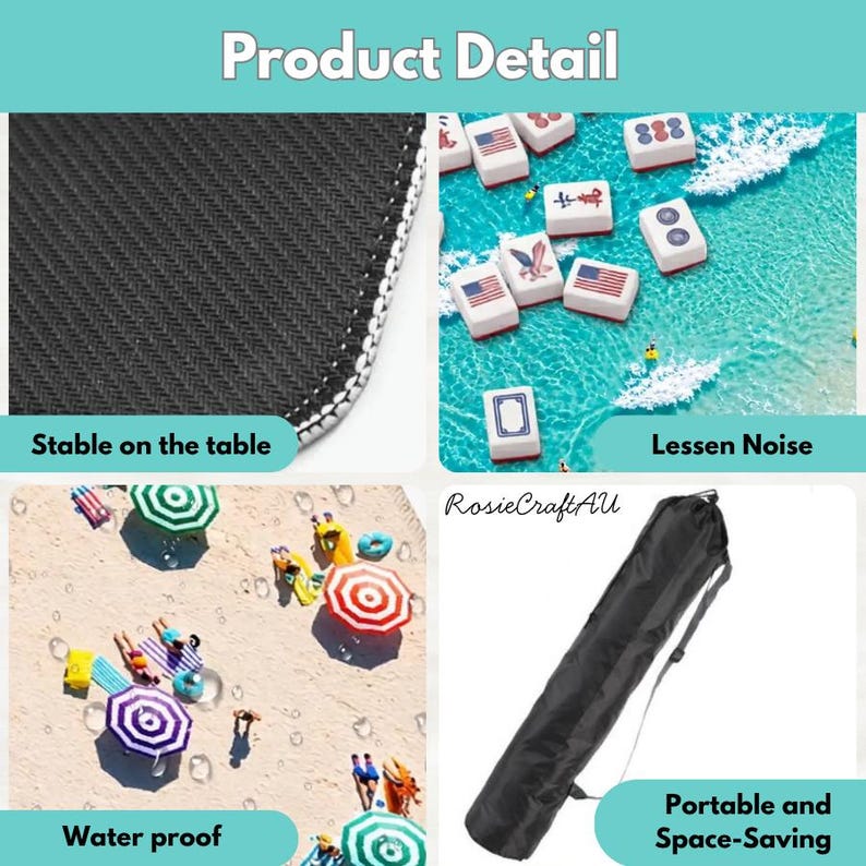 May include: A product detail graphic featuring a black textured mat, mahjong tiles on a blue water background, a beach scene with umbrellas, and a black carrying bag with the text RosieCraftAU. The images highlight stability, noise reduction, water resistance, and portability.