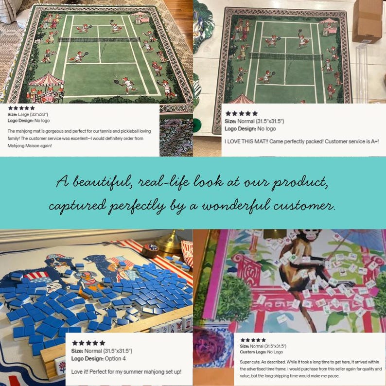 May include: A collection of square mahjong mats featuring various printed designs including a green tennis court with foxes, a patriotic dog theme with blue tiles, and a monkey illustration, each displayed with customer review text and star ratings.