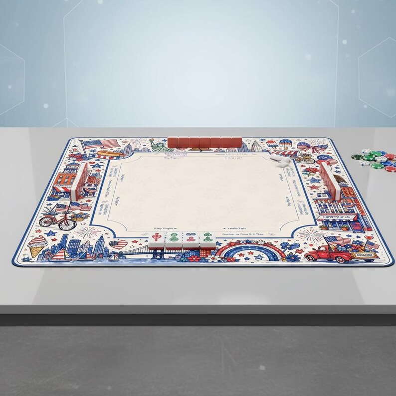 Puede incluir: Una alfombrilla de juego rectangular con tem&aacute;tica patri&oacute;tica que incluye ilustraciones de la Estatua de la Libertad, horizontes urbanos, banderas estadounidenses y fuegos artificiales. Incluye fichas, etiquetas de texto y un centro crema.