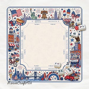 Puede incluir: Un tapete de Mahjong cuadrado con tem&aacute;tica patri&oacute;tica estadounidense que incluye ilustraciones de la Estatua de la Libertad, la Campana de la Libertad, horizontes urbanos, fuegos artificiales y un cami&oacute;n rojo. El centro contiene instrucciones y fichas.