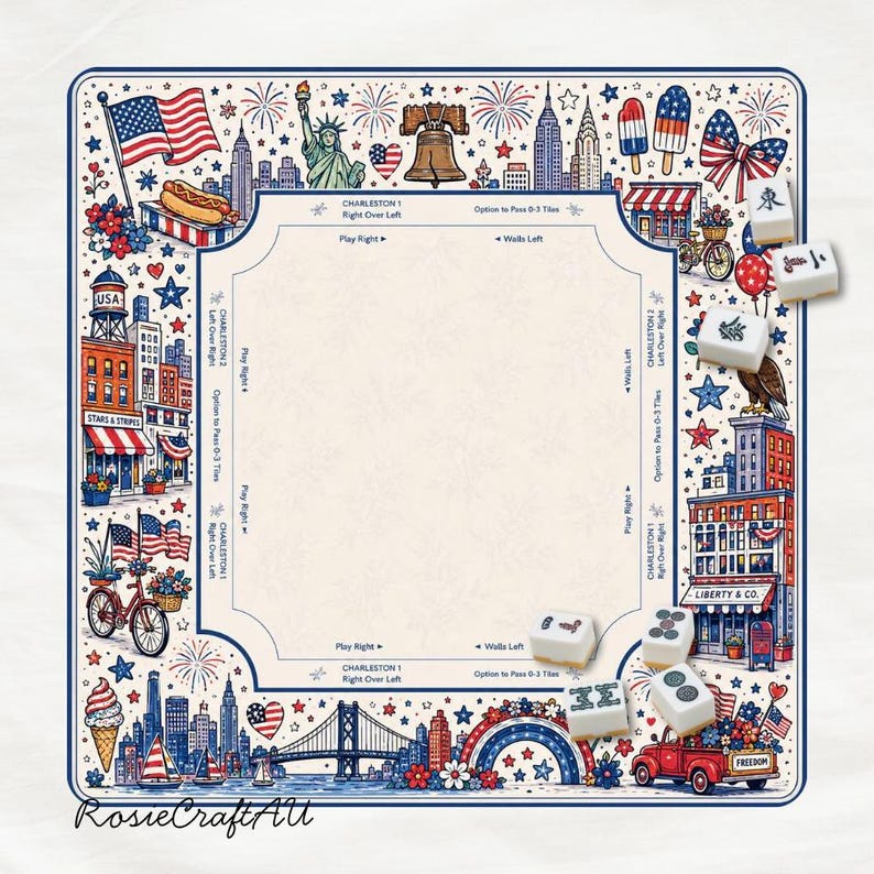 Puede incluir: Un tapete de Mahjong cuadrado con tem&aacute;tica patri&oacute;tica estadounidense que incluye ilustraciones de la Estatua de la Libertad, la Campana de la Libertad, horizontes urbanos, fuegos artificiales y un cami&oacute;n rojo. El centro contiene instrucciones y fichas.