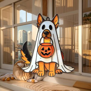 Ghost German Shepherd Suncatcher: Halloween Dog Acrylic Window Hanging