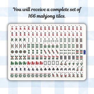 May include: A complete set of 166 white mahjong tiles featuring various red, green, and black engraved symbols, characters, and floral designs. The text "You will receive a complete set of 166 mahjong tiles." is displayed above the organized grid of tiles.
