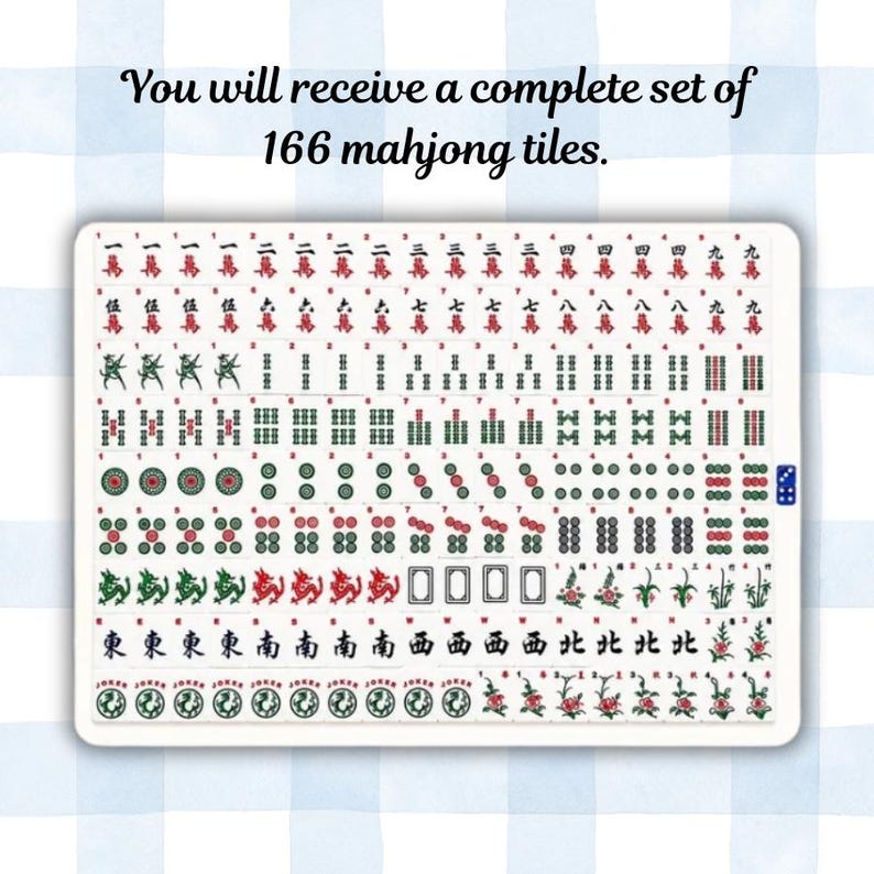 May include: A complete set of 166 white mahjong tiles featuring various red, green, and black engraved symbols, characters, and floral designs. The text "You will receive a complete set of 166 mahjong tiles." is displayed above the organized grid of tiles.