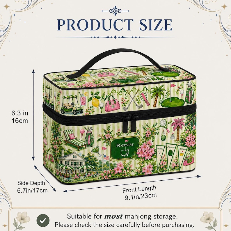 May include: A rectangular storage case with a golf-themed print featuring pink flowers, palm trees, and golf carts. It has a black handle and zipper. Dimensions are 6.3 inches high, 6.7 inches deep, and 9.1 inches long. The text MASTERS is visible.