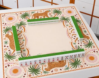 Palm Beach Leopard Mahjong Mat, Tropical Palms & Sunbursts Design, Luxury Game Board Table Mat
