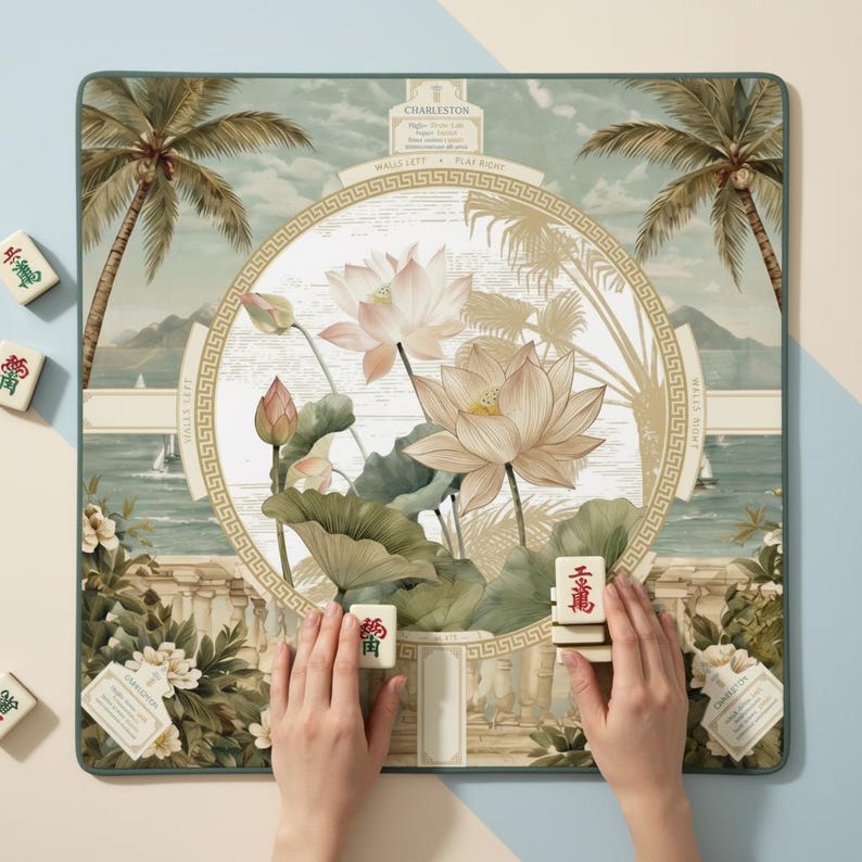 May include: A square Mahjong mat featuring a central circular design with lotus flowers, palm trees, and a coastal landscape. The mat includes text labels like Charleston and Walls Left. Two hands are visible holding Mahjong tiles on the mat surface.