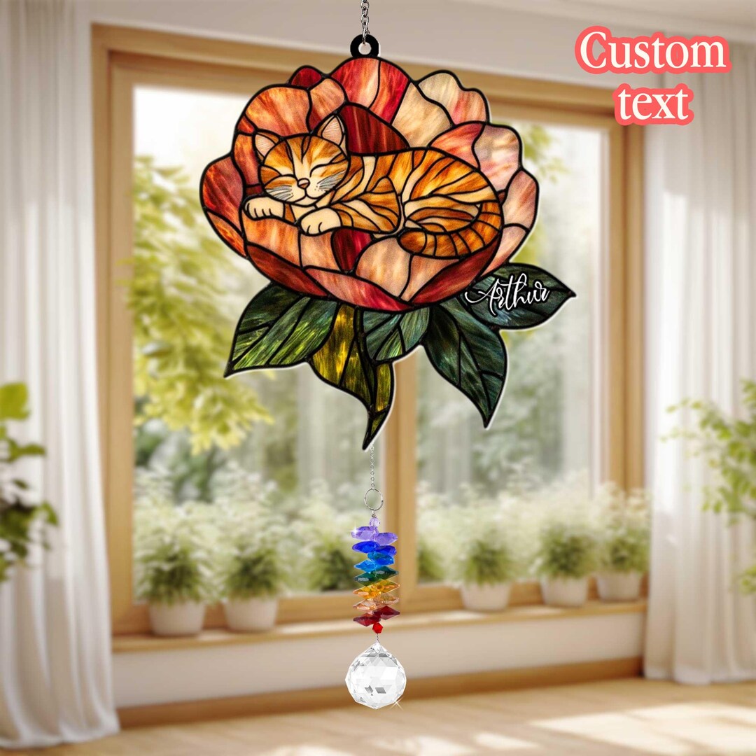 Cute Sleeping Cat in Flower Acrylic Window Hanging Faux Stained Glass ...