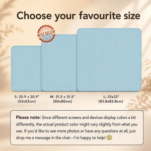 May include: Three light blue square mats in small, medium, and large sizes. Text reads: Choose your favourite size, S: 20.9 x 20.9 inches, M: 31.5 x 31.5 inches, L: 33 x 33 inches, and a note about color variation and customer support.