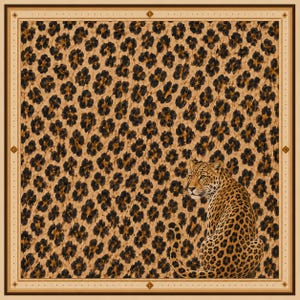 May include: A square scarf featuring a repeating leopard print pattern in shades of tan, brown, and black. A single leopard is depicted in the lower right corner, looking toward the left. The scarf is framed by a thin, light tan border with dark brown edges.