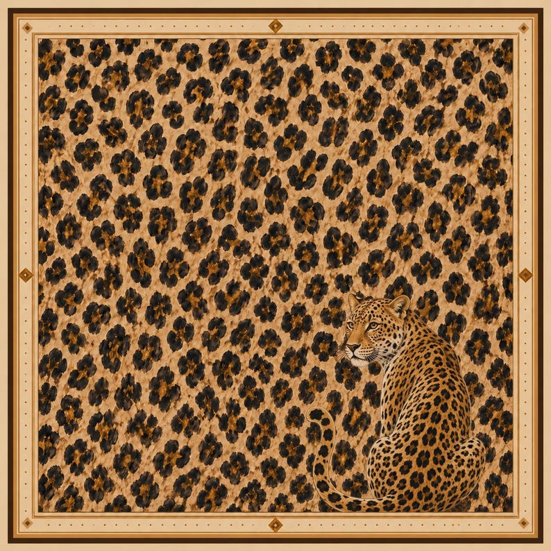May include: A square scarf featuring a repeating leopard print pattern in shades of tan, brown, and black. A single leopard is depicted in the lower right corner, looking toward the left. The scarf is framed by a thin, light tan border with dark brown edges.
