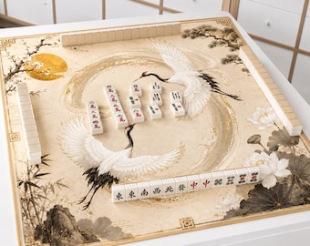 Personalized White Crane & Lotus Design Mahjong Game Tablecloth, Asian Art Inspired Gaming Table Cover, Luxury Mahjong Accessory