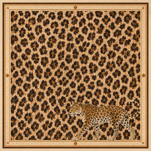 May include: A square scarf featuring a repeating leopard print pattern in shades of tan, brown, and black. A single leopard is depicted walking across the lower portion of the scarf. The design is framed by a thin, light tan border with dark brown edges.