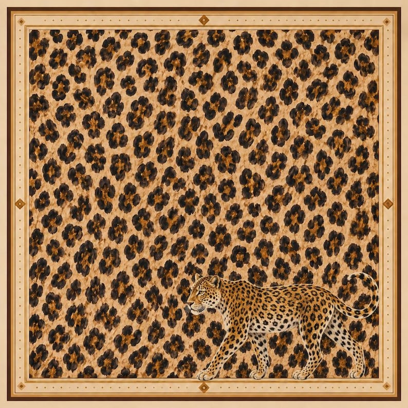 May include: A square scarf featuring a repeating leopard print pattern in shades of tan, brown, and black. A single leopard is depicted walking across the lower portion of the scarf. The design is framed by a thin, light tan border with dark brown edges.