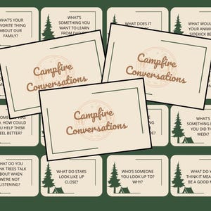 Tarjetas imprimibles para conversar sobre fogatas para familias / Actividades de campamento para niños / Juegos al aire libre / Preguntas para una noche de campamento familiar