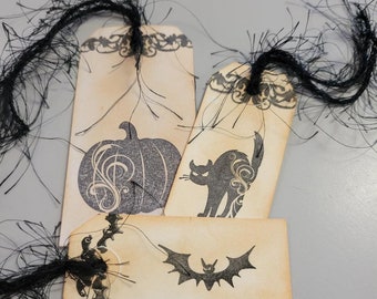 Halloween Vintage Themed Gift Tags - Vintage Style Gift Tags - Hand Stamped and Inked Distressed - 3 Gift Tags