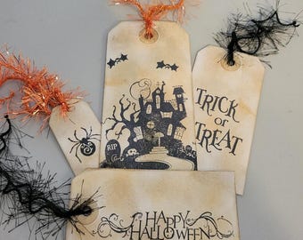 Vintage Style Halloween Gift Tags-Little Bit Spooky Vintage Gift Tags-Halloween Gift Tags-Halloween Ink Distressed Gift Tags - 4 Tag Set