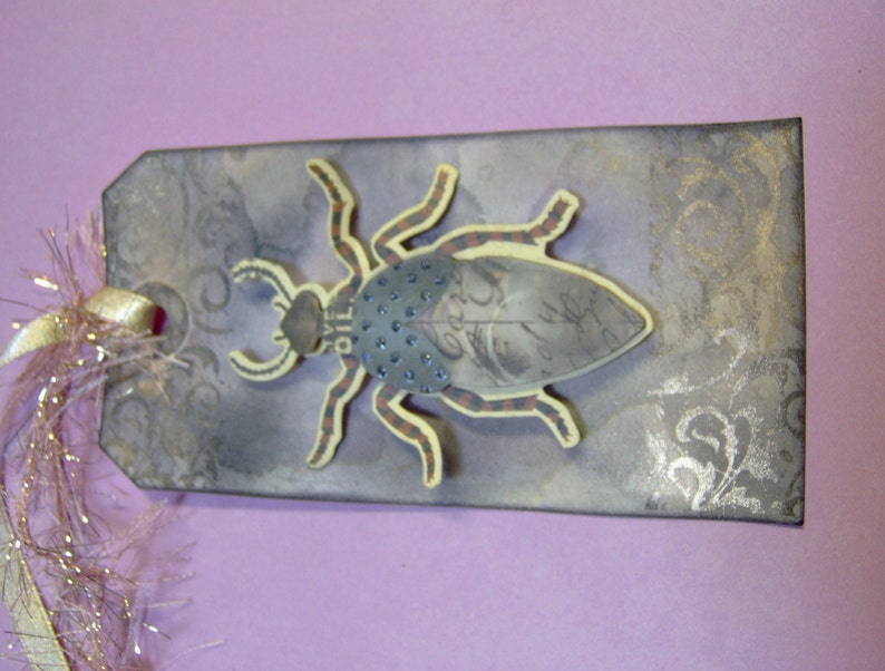 Vintage Style Antiqued 3 Dimensional Bug-Beetle Themed Gift Tag-Custom Ink and Water Marked Distressed by Hand 1 MediumTag Bug Gift Tag