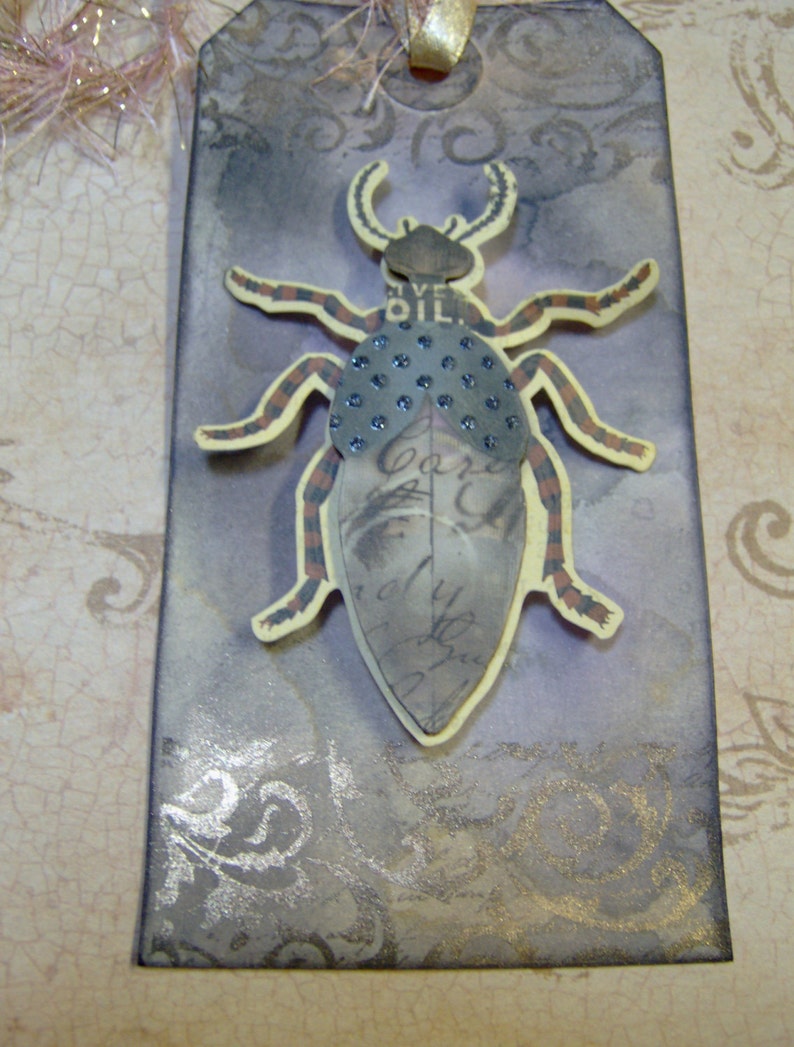 Vintage Style Antiqued 3 Dimensional Bug-Beetle Themed Gift Tag-Custom Ink and Water Marked Distressed by Hand 1 MediumTag Bug Gift Tag