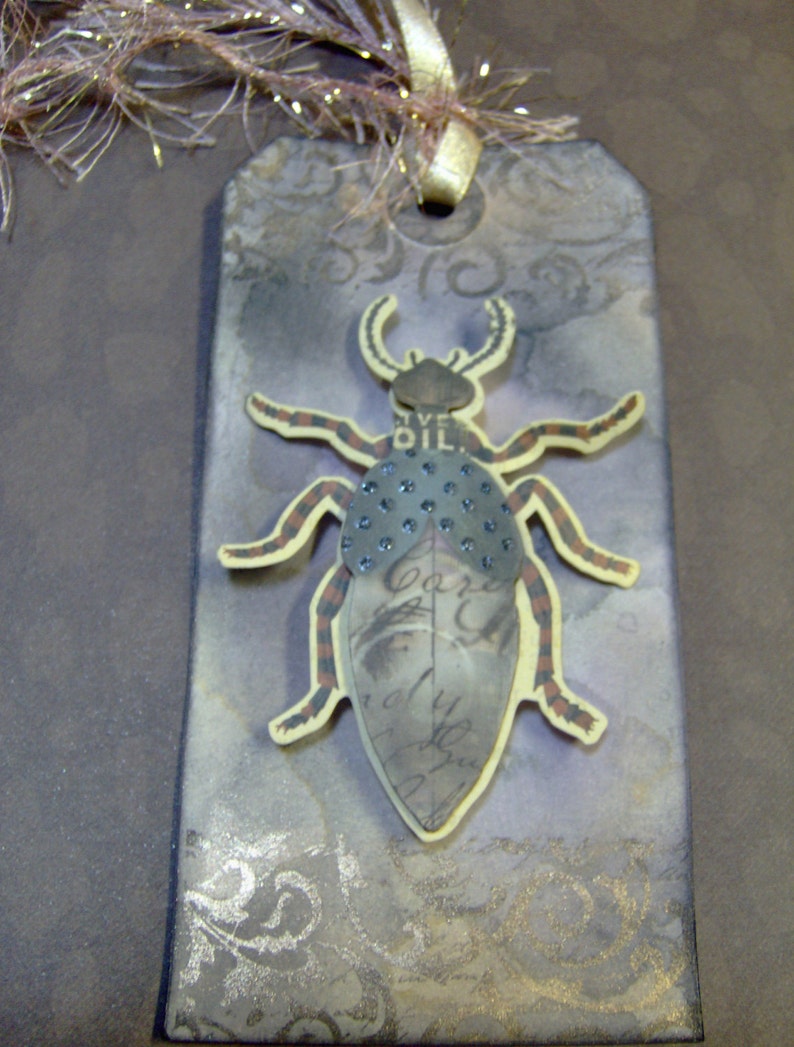 Vintage Style Antiqued 3 Dimensional Bug-Beetle Themed Gift Tag-Custom Ink and Water Marked Distressed by Hand 1 MediumTag Bug Gift Tag
