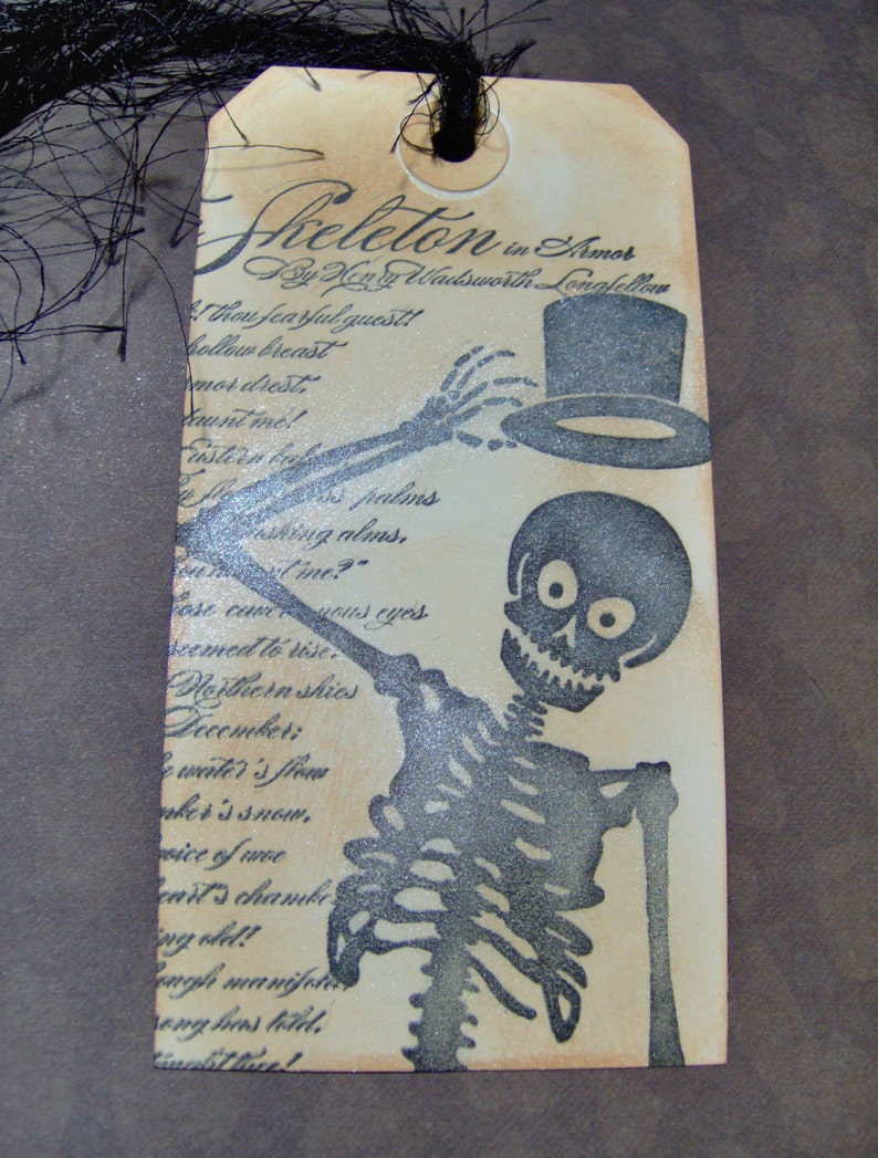 Gift Tags-Vintage Style Skeleton Gift Tag-Halloween Gift Tags-Custom Ink Distressed by Hand-5 Large Tags image 2