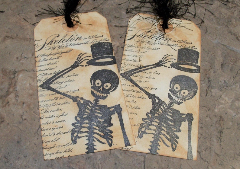 Gift Tags-Vintage Style Skeleton Gift Tag-Halloween Gift Tags-Custom Ink Distressed by Hand-5 Large Tags image 6