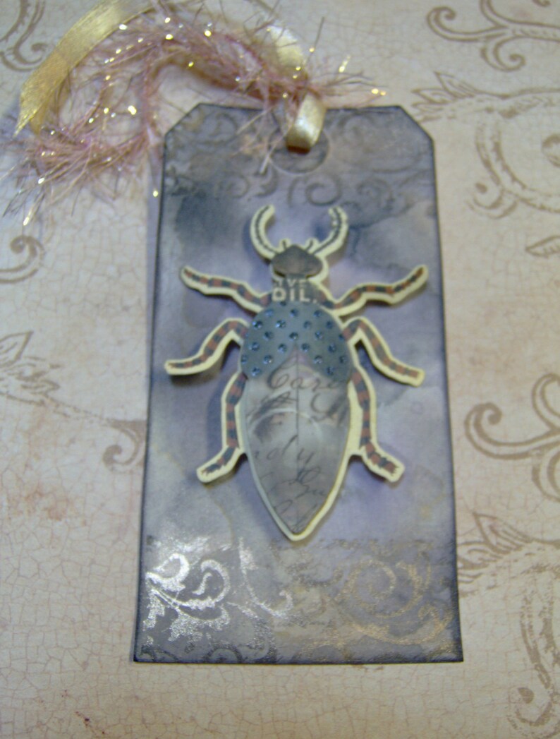 Vintage Style Antiqued 3 Dimensional Bug-Beetle Themed Gift Tag-Custom Ink and Water Marked Distressed by Hand 1 MediumTag Bug Gift Tag