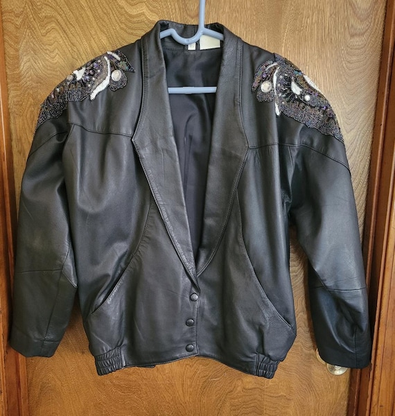 Black Leather Jacket with Beads-Sequins-90's Vintage Leather Jacket-Soft Leather Jacket-Sequin Leather Jacket-Beaded Leather Jacket