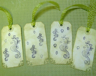 Vintage Seahorse Themed Gift Tags - Set of 4 Medium Tags in Lime Green - Hand Stamped and Ink Distressed