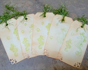 Vintage Seahorse Themed Gift Tags - Set of 5 Medium Tags in Lime Green - Hand Stamped and Ink Distressed