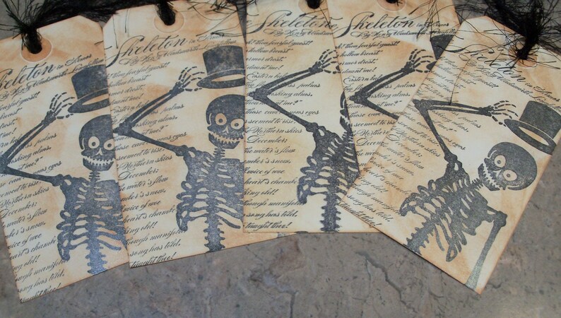 Gift Tags-Vintage Style Skeleton Gift Tag-Halloween Gift Tags-Custom Ink Distressed by Hand-5 Large Tags image 3