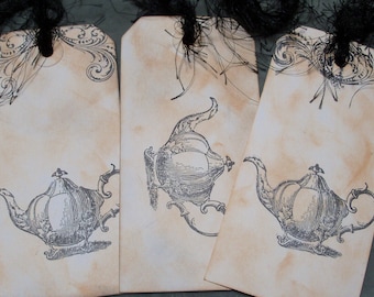 Tea Pot Vintage Gift Tags - 3 Large Hand Stamped and Ink Distressed Gift Tags - Gift Tages - Vintage Style Gift Tags