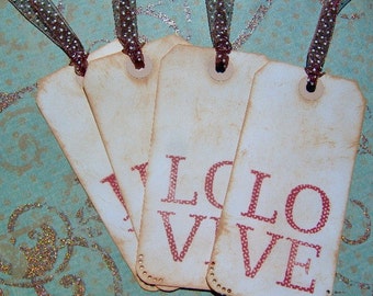 LOVE Vintage Themed Gift Tags - 4 Medium Tags - Valentines Day