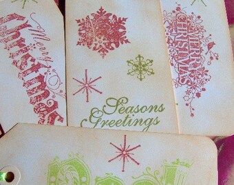 Christmas Greetings Vintage Themed Hand Stamped Gift Tags-Gift Tags-Handmade Gift Tags-Christmas Gift Tags-Set of 4 Large Tags