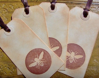 Vintage Bee Style Gift Tag-Gift Tags-Hand Stamped Gift Tags- Ink Distressed Gift Tags-Bookmarks-Hand Tags-4 Mediun Gift Tags
