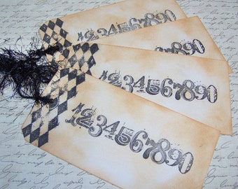 Vintage Themed Hand Stamped Numbers Gift Tags - Set of 4 Ex-Large Tags - Paris Style