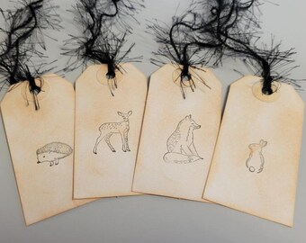 Forest Animal Vintage Themed Gift Tags-Bunny Tag-Fox Tag-Deer tag-4 Small Gift Tags-Vintage Style Gift Tags-Hand Stamped Inked Distressed