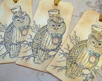 Gift Tags-Vintage Themed Glitter Owls Gift Tags or Travel Tags - Owls - Halloween - Steampunk - Tags 5 Large Tags