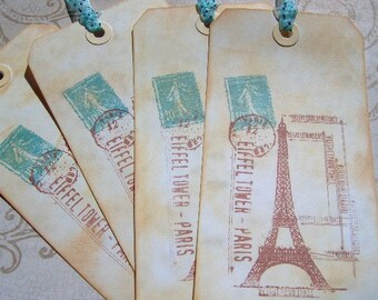 Paris Style Gift Tags - 4 Ex-Large Travel Gift Tags - Paris France Vintage Stamped - Vintage Style Gift Tags - Hand Stamped and Distressed
