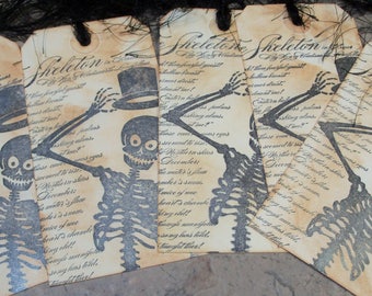 Gift Tags-Vintage Style Skeleton Gift Tag-Halloween Gift Tags-Custom Ink Distressed by Hand-5 Large Tags