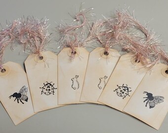 Insect Animal Vintage Themed Gift Tags-Bunny Tag-Lady Bug Tag-Beetag-6 Small Gift Tags-Vintage Style Gift Tags-Hand Stamped Inked Distressed