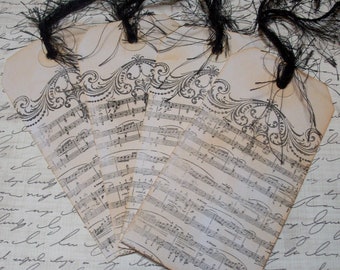 Vintage Sheet Music Themed Gift Tags-Gift Tags-Hand Stamped Gift Tags-Ink Distressed Gift Tags-Paris Style Gift Tags - Set of 4 Large Tags