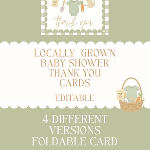 Biglietto di ringraziamento per baby shower a tema mercato agricolo locale, modificabile, baby shower neutro