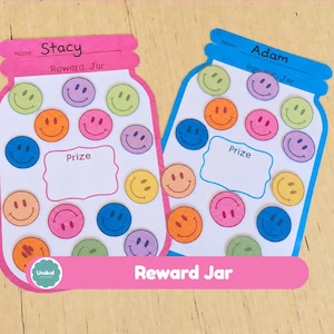 May include: Two paper reward jar charts, one with a pink border labelled Stacy and one with a blue border labelled Adam. Each jar features a white background with colourful smiley face stickers and a central blank box labelled Prize for tracking.