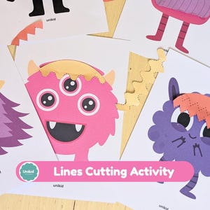 Pode incluir: Um conjunto de folhas de atividades impressas com monstros de desenhos animados coloridos com várias texturas e formas. Uma faixa rosa horizontal no centro exibe o texto Lines Cutting Activity e um logotipo Unikid. Cada folha inclui a palavra unikid.