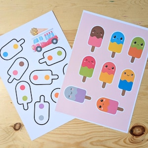 K&ouml;nnte beinhalten: Zwei Stickerb&ouml;gen mit bunten Eis am Stiel und einem Eiswagen. Die Eis am Stiel haben verschiedene Farben und niedliche Gesichter. Ein Bogen hat einzelne Eis am Stiel-Aufkleber, der andere Eis am Stiel auf rosa Hintergrund.