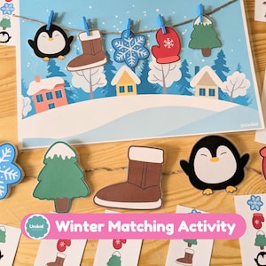 May include: A winter-themed matching activity set featuring a blue background with winter elements. The set includes cutouts of a penguin, boot, snowflake, mitten, and tree. The text "Winter Matching Activity" is displayed on a pink banner.