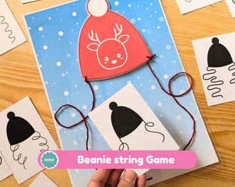 Beanie String Game, winteractiviteiten afdrukbaar, fijne motoriek, bijpassende voorschoolse kerstactiviteit