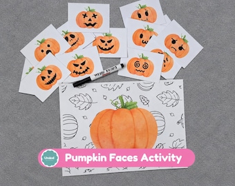 May include: A set of small white cards featuring orange pumpkins with various black facial expressions, a black dry erase marker labeled White Board Marker, and a large white sheet with a central orange pumpkin and black leaf outlines.